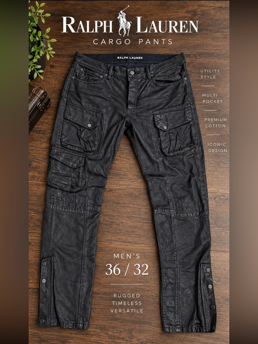 Ralph Lauren Black Men's Cargo Pants with Multi-Pocket Utility